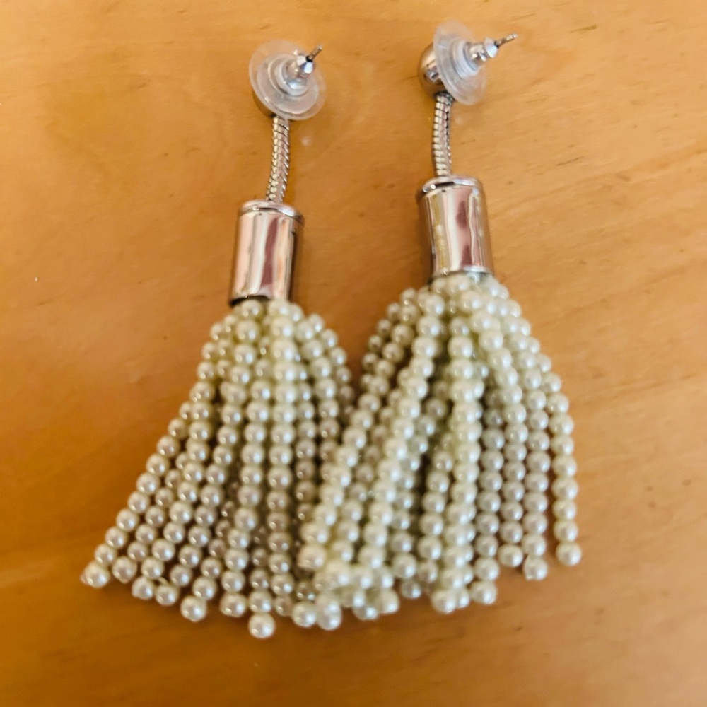 Creamy Beaded Tassel Earrings with Stud Top and Metallic Connector